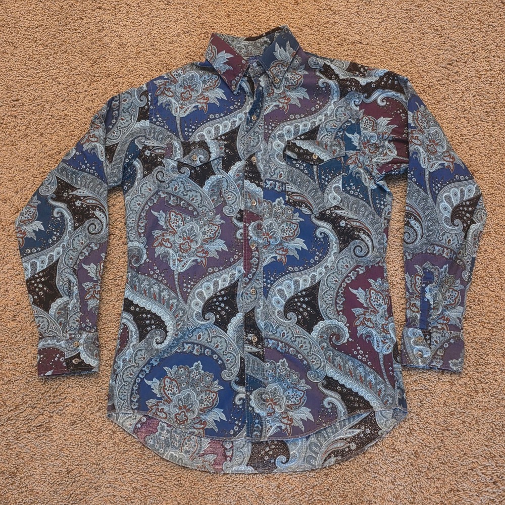 Wrangler Cowboy Cut Mens Paisley Western Shirt Blue Purple USA 72045AA 15.5x34